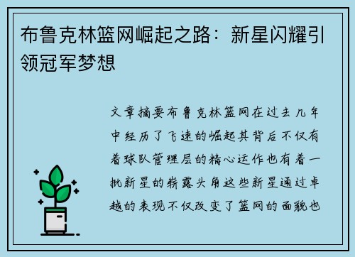布鲁克林篮网崛起之路：新星闪耀引领冠军梦想