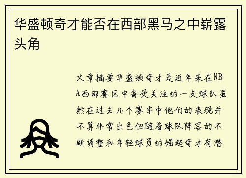 华盛顿奇才能否在西部黑马之中崭露头角